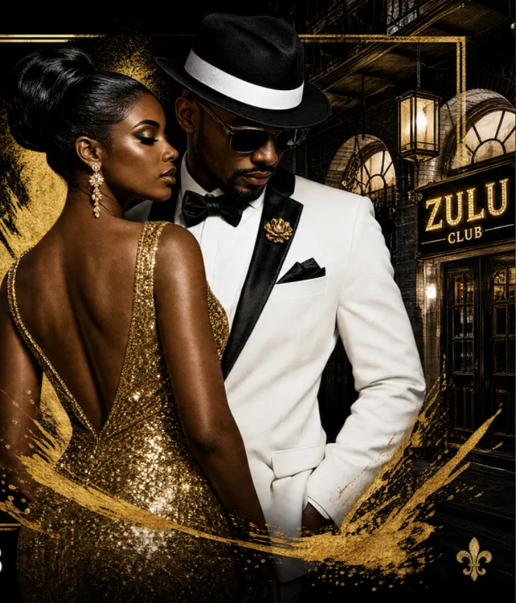 Elegant couple in formal gold, black and white attire at Zulu Club