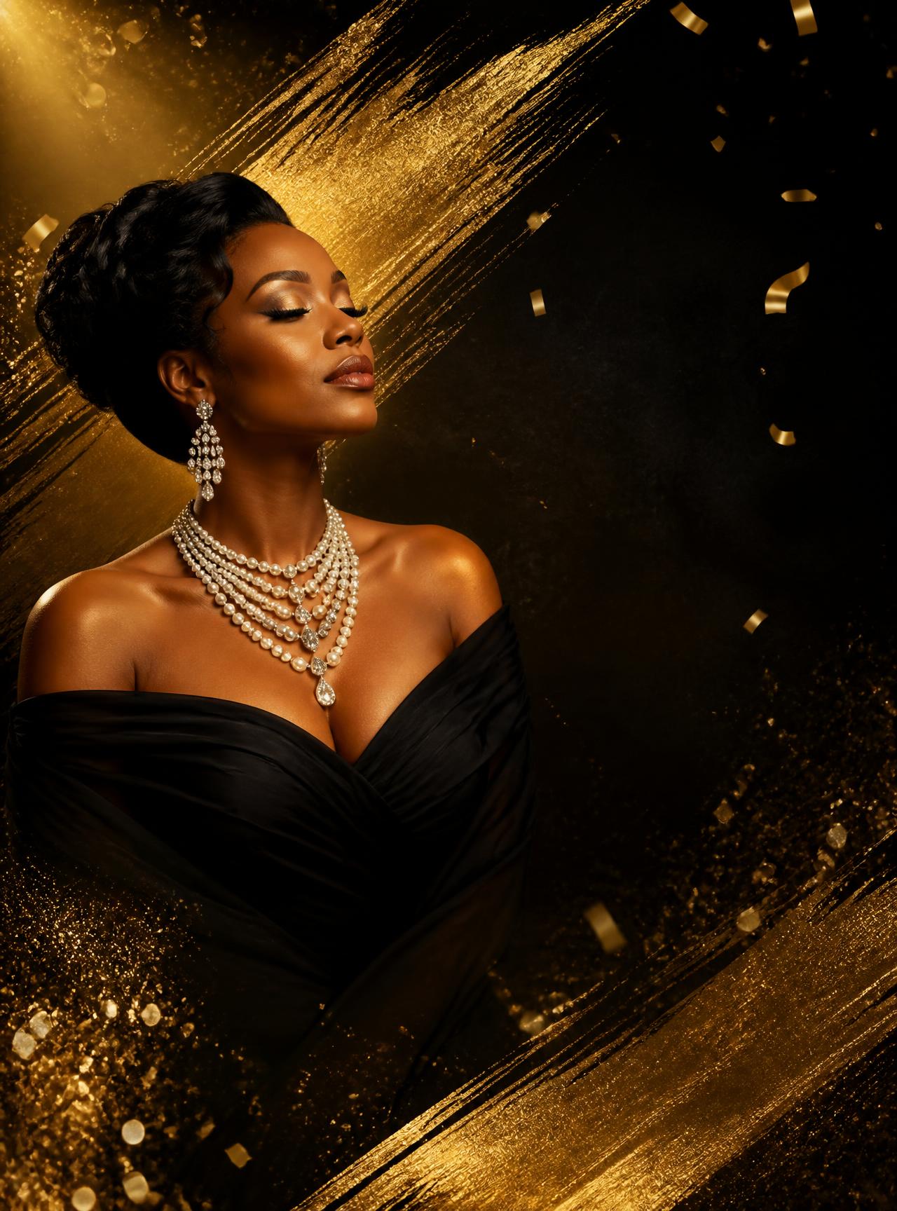 Elegant woman in black gown with pearl and diamond jewelry against gold brush strokes